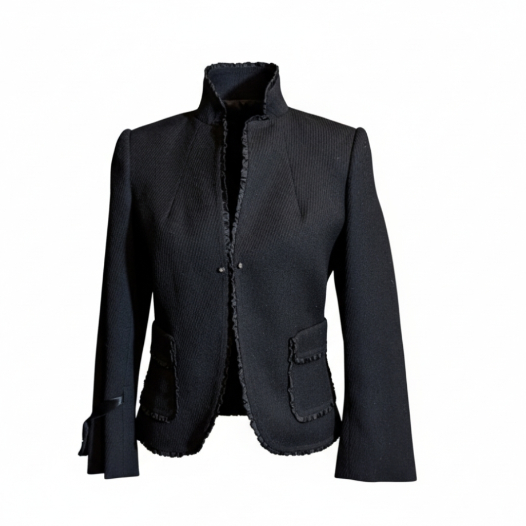 Rebecca Taylor Black Textured Ruffle Trim Ribbon Cuffs Feminine Wool Blazer Sz 4